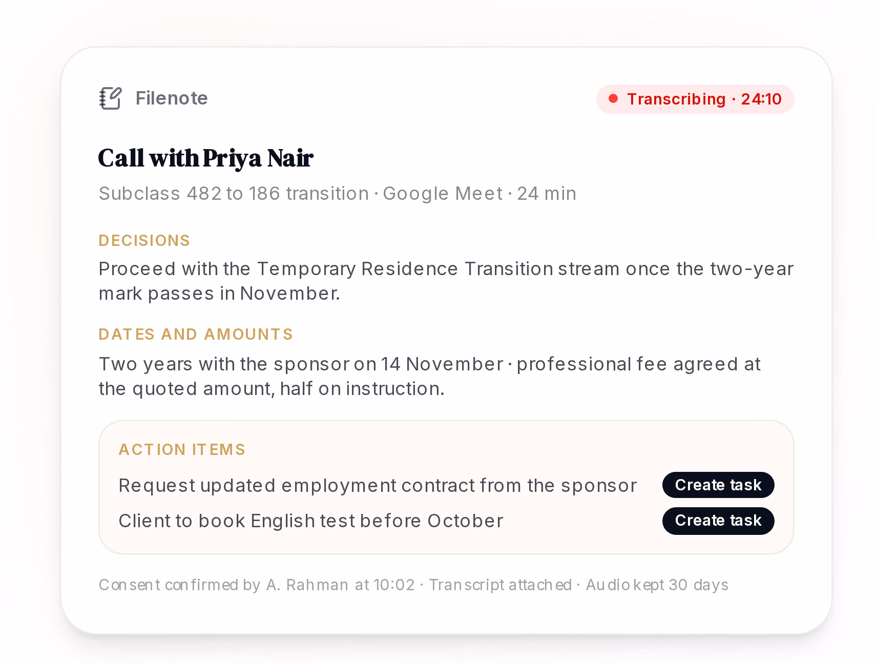 A filenote from a client call with decisions, dates and action items