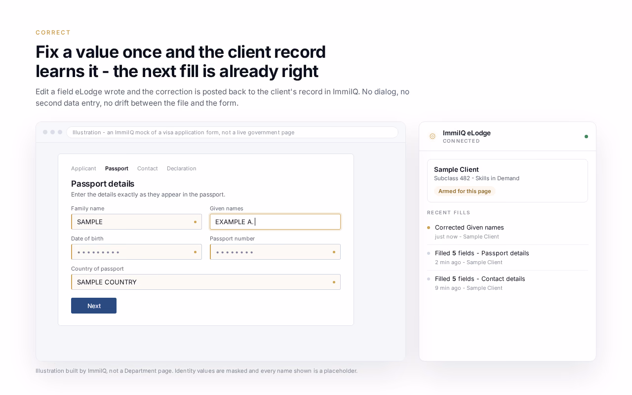 A corrected field written back to the client record by the extension