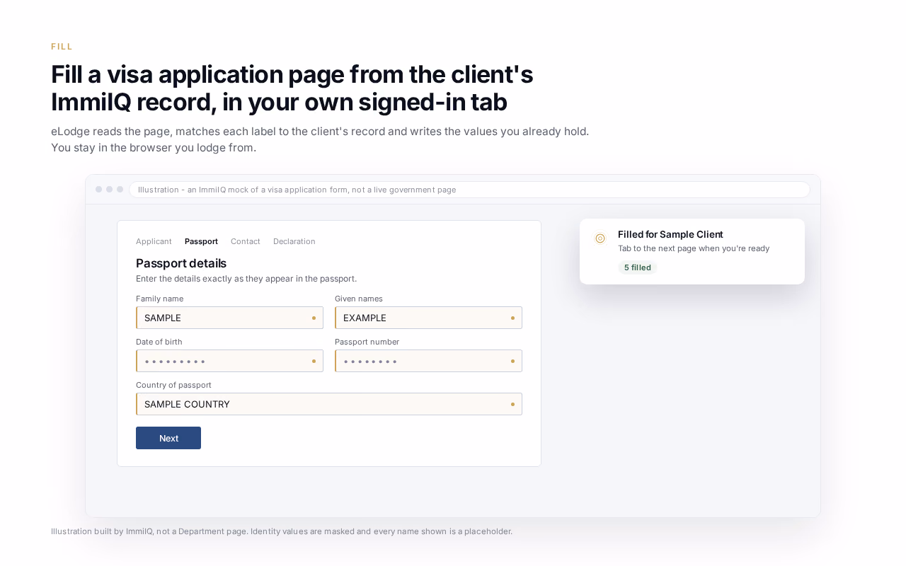 The extension filling a passport details page from the client record
