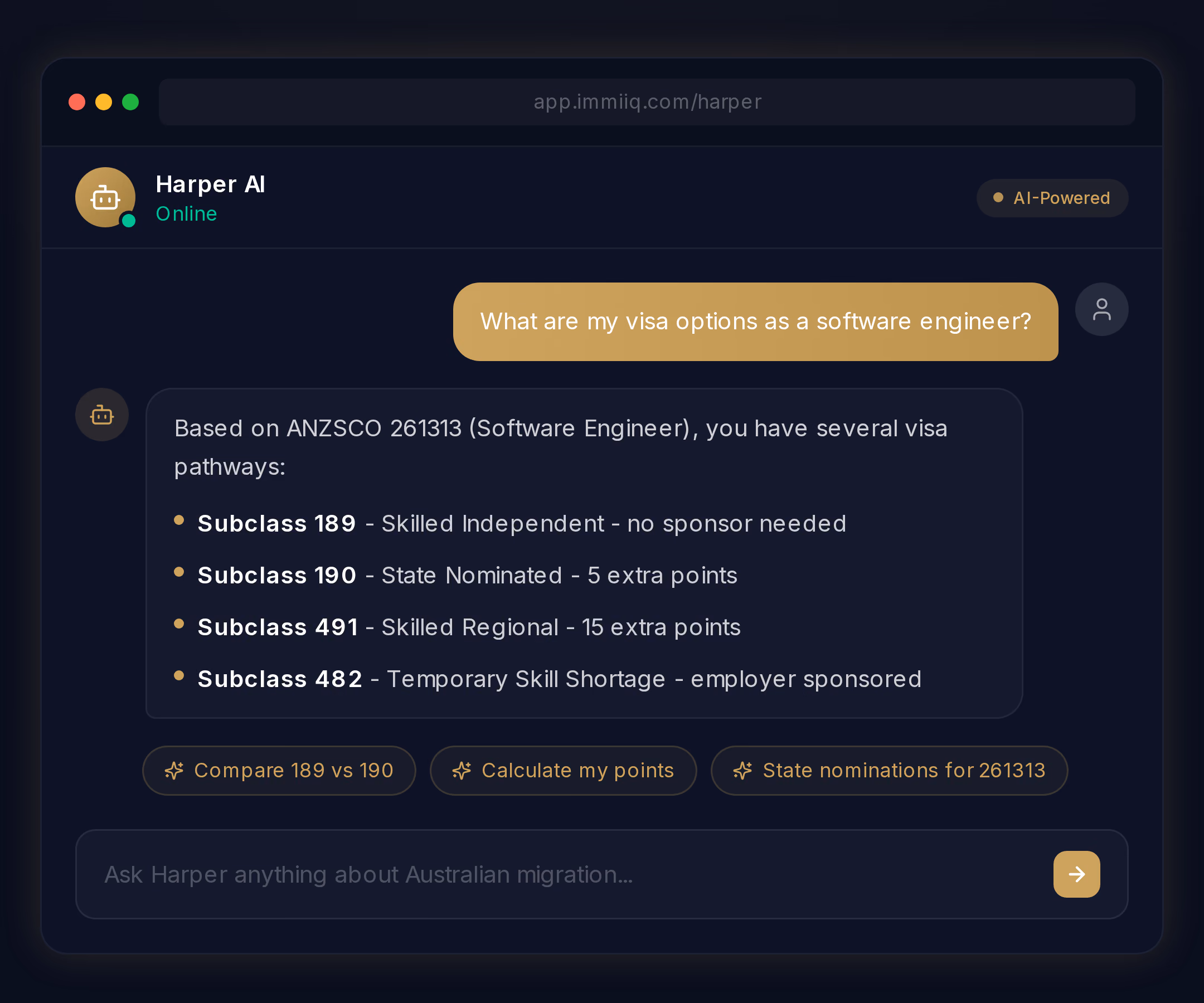 Harper listing visa pathways for a software engineer with follow-up actions