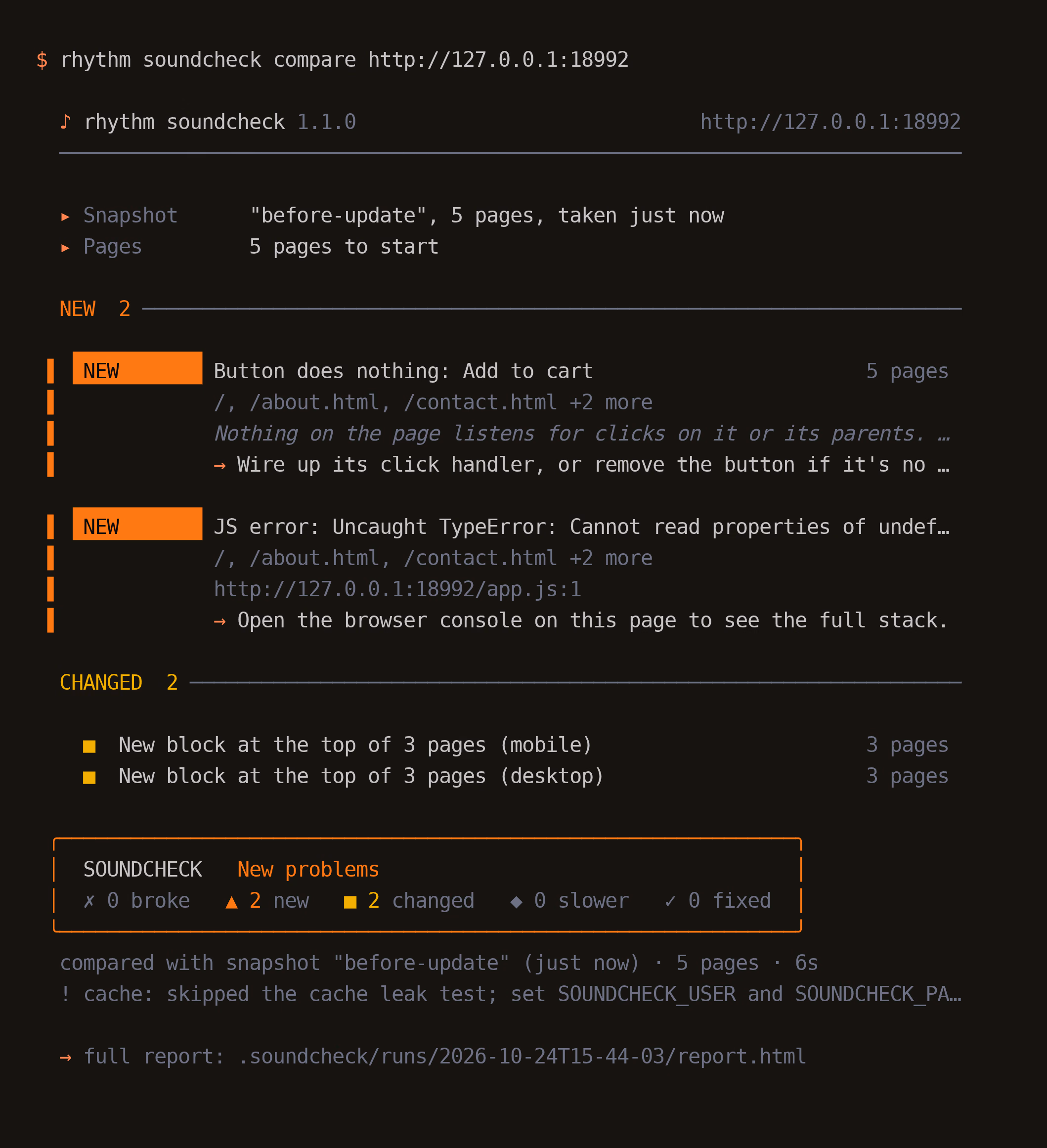 Soundcheck comparing a test site after an update: an Add to cart button that no longer does anything, a new JavaScript error on five pages and a new block at the top of three.